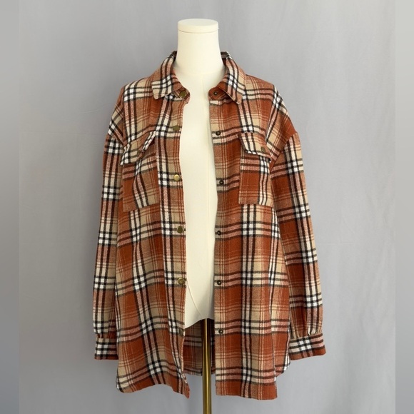 ninexis Tops - Rust & cream plaid flannel shacket. Cozy, classic, & perfect for layering